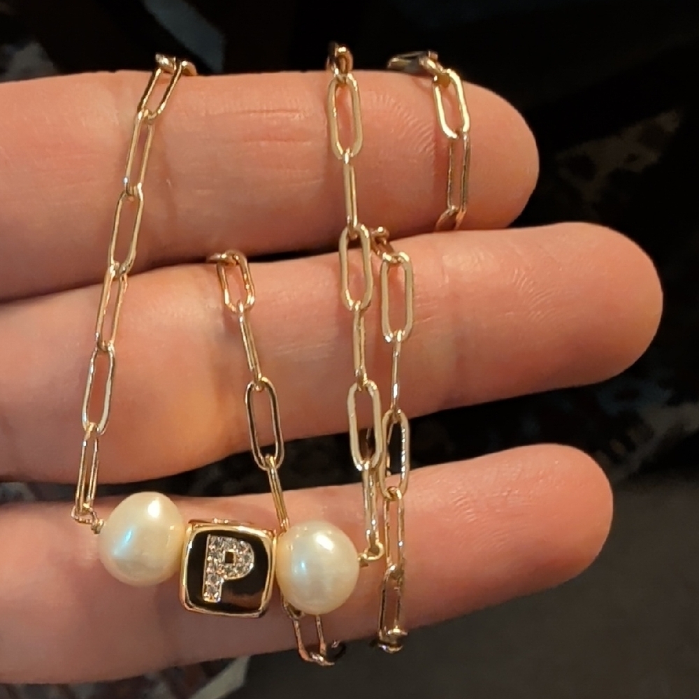 Gold Pearl P Initial Chain Necklace Unbranded